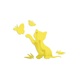 3D yellow acrylic mirror wall sticker featuring a cute cat chasing butterflies for bedroom