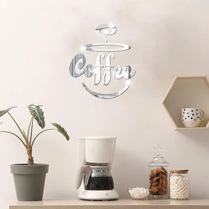 Detail of silver mirror acrylic coffee wall decal in a modern kitchen setting