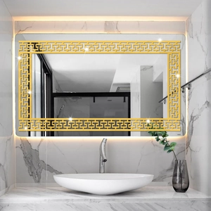 Golden acrylic mirror wall decals with geometric greek key patterns for bathroom decor