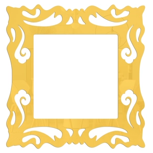 Macro shot of yellow mirror acrylic wall sticker with intricate vintage floral carving