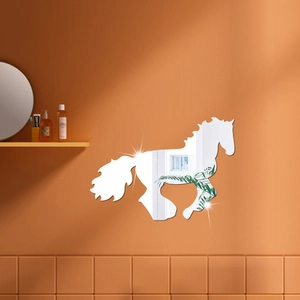 Detail view of silver mirror horse wall decals showing high reflection in a modern bathroom