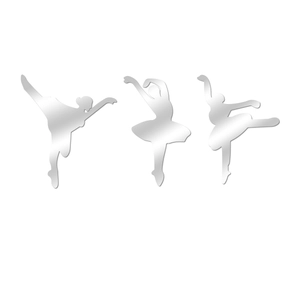 Detail view of three elegant silver mirror acrylic ballet dancer wall stickers for studio decor
