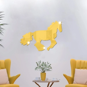 Golden acrylic mirror wall sticker featuring a running horse for modern home wall decor