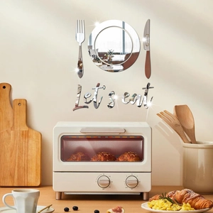 Acrylic Mirror Wall Sticker Set With Let's Eat Letters Knife Fork Plate For Kitchen Dining Room Home Decor Background