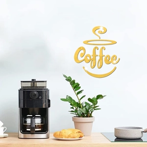 Golden acrylic mirror wall sticker featuring a coffee cup outline and artistic text decor