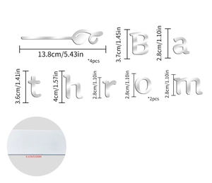 Macro view of silver acrylic bathroom wall mirror stickers showing dimensions and 0.1cm thickness