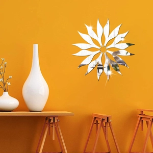 Modern sunburst sunflower acrylic mirror wall stickers with reflective silver finish for home