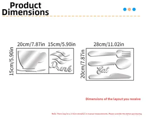 Detailed size specifications for Eat Drink cutlery acrylic mirror wall stickers