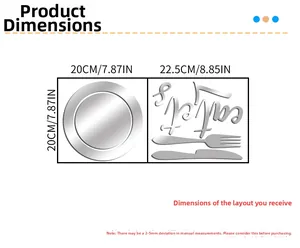 Detailed size chart for mirror acrylic wall stickers showing circular plate and cutlery dimensions