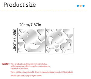 Detail showing dimension chart of cute duck and heart shaped acrylic mirror wall stickers