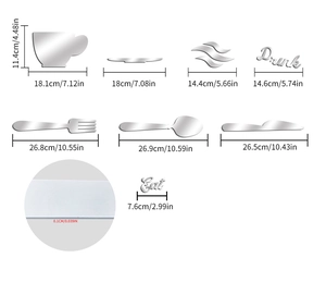 Detailed size chart for mirror acrylic wall stickers with cutlery icons and eat drink text