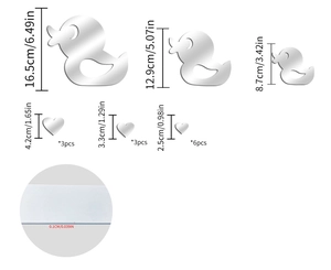 Detailed dimensions of 3D acrylic mirror duck and heart wall stickers with size labels