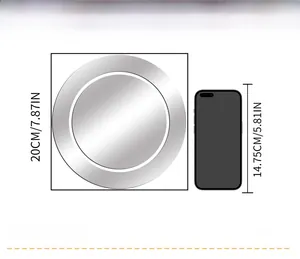 Mirror wall sticker size comparison showing 20cm diameter against a smartphone