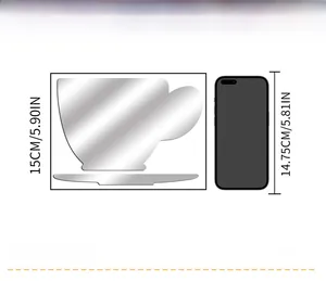 Mirror acrylic coffee cup wall sticker showing size comparison with a smartphone
