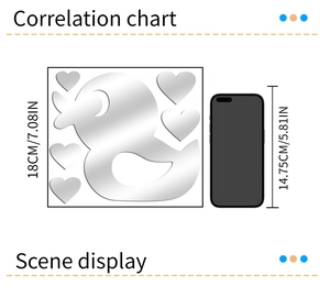 Detailed size comparison of the duck and heart acrylic mirror stickers beside a smartphone