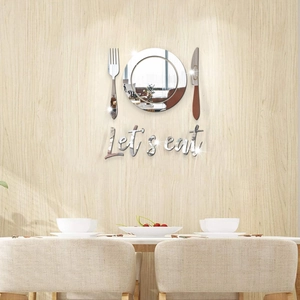 3D acrylic mirror wall stickers featuring cutlery plate and Let's eat lettering for kitchen decor