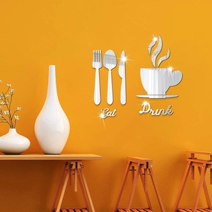 Modern silver acrylic mirror wall stickers featuring cutlery, coffee cup, Eat and Drink