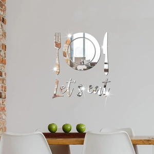 Modern acrylic mirror wall stickers featuring plate, cutlery, and 'Let's eat' text in silver