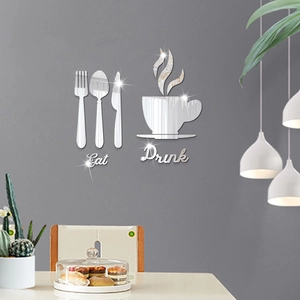 Mirror wall stickers with Eat Drink lettering, cutlery shapes, and coffee cup icons