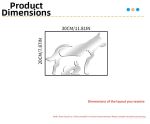 Detailed dimension chart showing cat and dog acrylic mirror wall stickers at 30x20 cm size