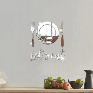 3D mirror acrylic wall stickers featuring cutlery plate design and Let's Eat text art