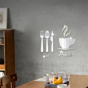 Detail of mirror acrylic wall stickers featuring silver cutlery and Eat Drink text design