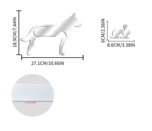 Detailed dimensions of silver mirror acrylic animal wall stickers with thickness view