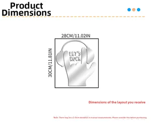 Detailed size chart for Let's Rock acrylic mirror wall sticker measuring 28x30cm