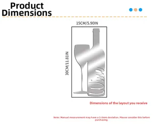 Size chart for 30x15cm wine bottle and glass acrylic mirror wall decal with dimensions