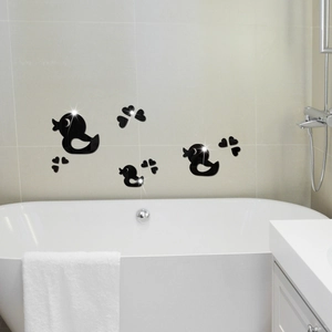 3D acrylic duck and heart mirror wall stickers decorating a bathroom wall above a bathtub