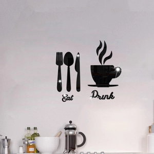 Black acrylic mirror wall stickers with Eat Drink text and cutlery decor in kitchen