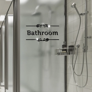 Detail of 3D black mirror bathroom wall sticker featuring modern elegant lettering