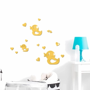 3D acrylic mirror wall stickers with golden duck and heart shapes for nursery decor