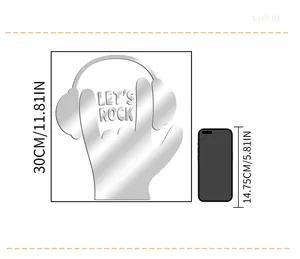 Rock hand acrylic mirror wall sticker size comparison showing 30cm height versus a phone