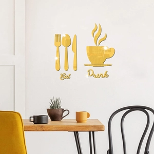 Mirror acrylic wall stickers with gold cutlery icons and Eat Drink slogans for kitchen decor