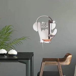 Silver acrylic rock gesture mirror wall sticker with Let's Rock text and headphones