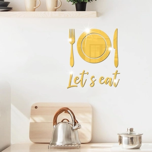 Golden mirror acrylic wall stickers set with fork, knife and Let's eat lettering for kitchen
