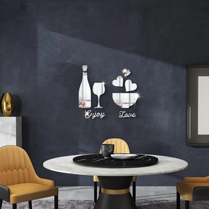 Mirror acrylic wall sticker set with wine glass hearts and Love Enjoy text for wall decor