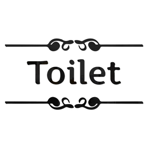 Elegante cartello per toilette in acrilico nero con motivi a ricciolo per pareti