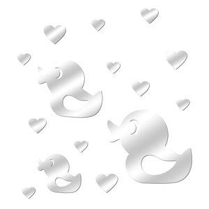 Detailed view of silver mirror acrylic wall stickers with cartoon ducks and hearts set