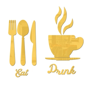Golden mirror acrylic kitchen wall stickers featuring Eat and Drink lettering icons