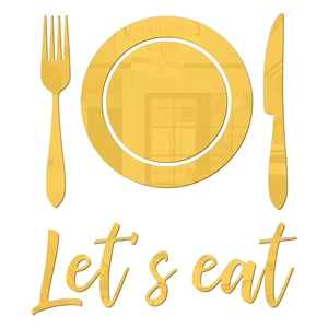 Detail of gold mirror acrylic wall stickers showing fork knife plate and Let's eat text