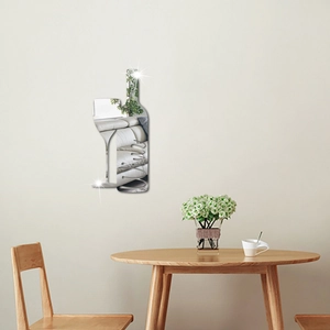 Detail of mirror wine bottle and glass wall sticker with Wine lettering in a dining room
