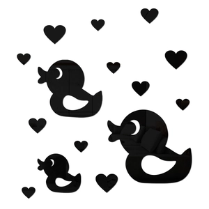Black acrylic duck and heart mirror wall stickers set for modern bathroom decoration