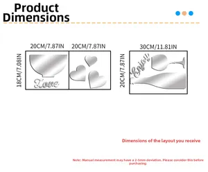Detailed size chart for 1mm acrylic mirror wall stickers with wine glass heart patterns