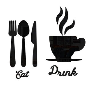 3D mirror acrylic kitchen wall stickers featuring cutlery, coffee cup, Eat and Drink signs
