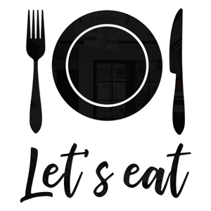 Black acrylic mirror wall stickers set with cutlery design and Let's Eat text for dining room