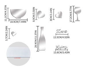 Detailed size chart for 1mm acrylic wine glass heart mirror wall stickers set