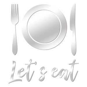 Close-up of silver acrylic mirror wall stickers with Let's eat lettering and cutlery