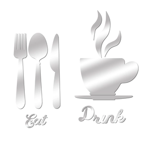 Macro detail of silver mirror acrylic wall stickers featuring knife fork and cup design
